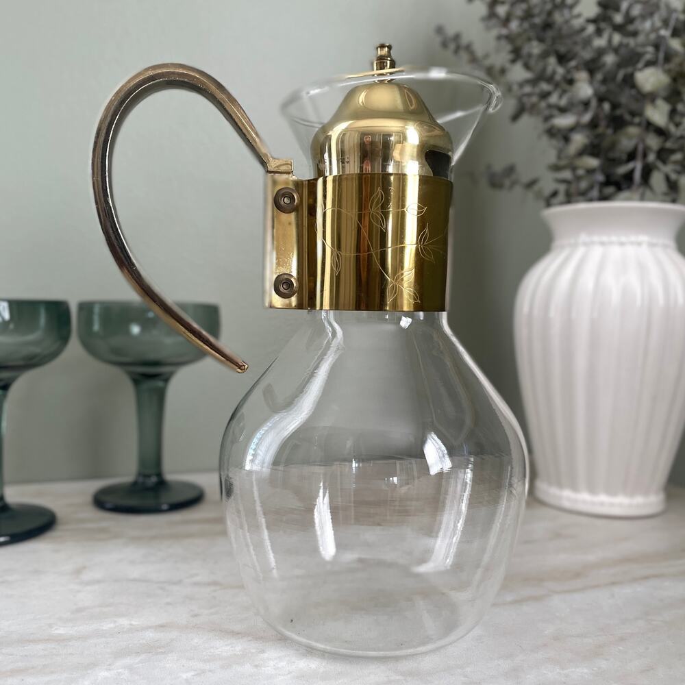 Vintage Princess House Heritage Brass and Crystal Carafe Pitcher Etched Flowers